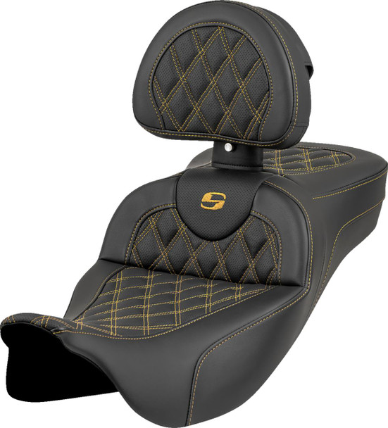  SADDLEMEN Roadsofa* Extended Reach Seat - Lattice Stitch - Gold Stitch - with Backrest - FL '08-'23 808-07B-184B7 