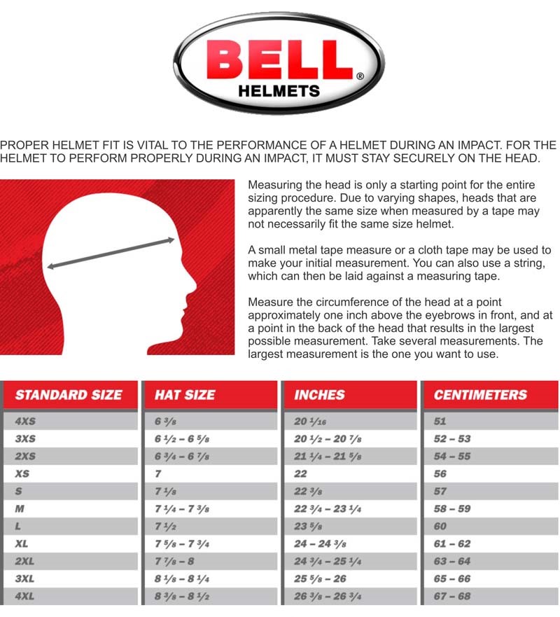 Bell Auto Sizing Charts - J J Motorsports