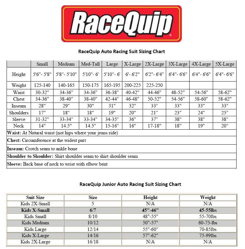 Racequip Driving Gear Sizing Charts - J J Motorsports