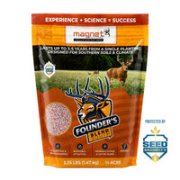 Bag of Magnet Outdoors Founder’s South food plot seed featuring a drought-resistant blend of clovers and chicory tailored for southern climates. Designed for no-till planting and low maintenance, this premium perennial mix provides nutrient-rich forage that attracts and holds whitetail deer and turkeys in drought-prone and acidic soils.