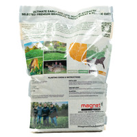 Back of the Magnet Outdoors TRIFECTA food plot seed bag displaying detailed planting instructions and product information. The label highlights the cold-tolerant blend of oats, winter wheat, and brassicas engineered for rapid establishment and year-round deer attraction.