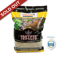 Bag of Magnet Outdoors TRIFECTA food plot seed featuring a high-performance blend of winter wheat, oats, and brassicas. Designed for rapid growth and maximum deer attraction in early fall and late winter, this cold- and drought-tolerant mix provides nutritious forage to keep whitetails active throughout hunting season.