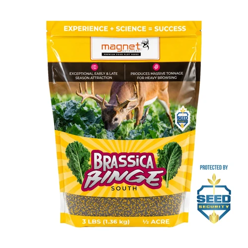 Brassica Binge Southern Blend seed bag by Magnet Outdoors, designed for late-season deer attraction with climate-specific forage for warmer regions.