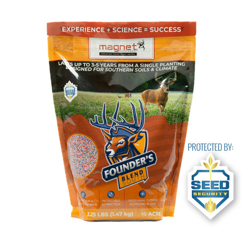 Bag of Magnet Outdoors Founder’s South food plot seed featuring a drought-resistant blend of clovers and chicory tailored for southern climates. Designed for no-till planting and low maintenance, this premium perennial mix provides nutrient-rich forage that attracts and holds whitetail deer and turkeys in drought-prone and acidic soils.