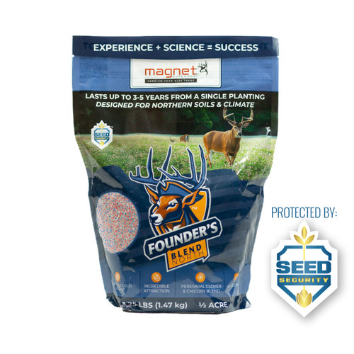 Bag of Magnet Outdoors Founder’s North food plot seed featuring a premium perennial blend of cold-tolerant ladino clovers and chicory. Designed specifically for northern regions, this blend thrives in acidic soils and shady areas, providing nutrient-rich, long-lasting forage that attracts whitetail deer and turkeys through multiple seasons.