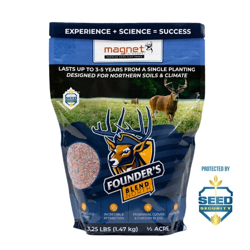 Bag of Magnet Outdoors Founder’s North food plot seed featuring a premium perennial blend of cold-tolerant ladino clovers and chicory. Designed specifically for northern regions, this blend thrives in acidic soils and shady areas, providing nutrient-rich, long-lasting forage that attracts whitetail deer and turkeys through multiple seasons.