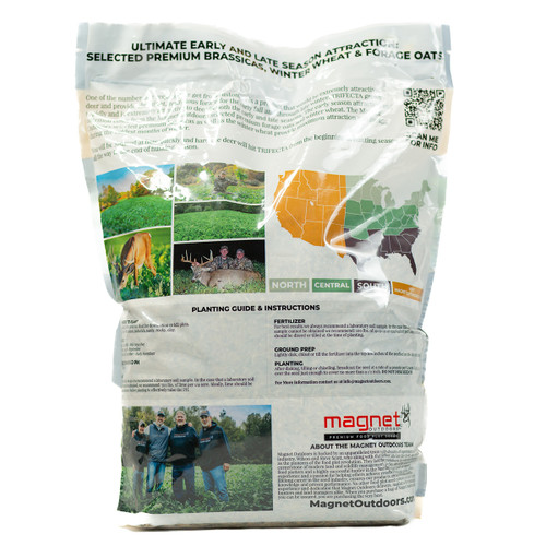 Back of the Magnet Outdoors TRIFECTA food plot seed bag displaying detailed planting instructions and product information. The label highlights the cold-tolerant blend of oats, winter wheat, and brassicas engineered for rapid establishment and year-round deer attraction.