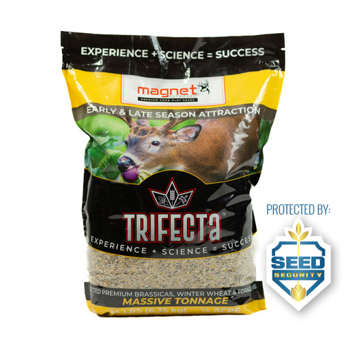 Bag of Magnet Outdoors TRIFECTA food plot seed featuring a high-performance blend of winter wheat, oats, and brassicas. Designed for rapid growth and maximum deer attraction in early fall and late winter, this cold- and drought-tolerant mix provides nutritious forage to keep whitetails active throughout hunting season.