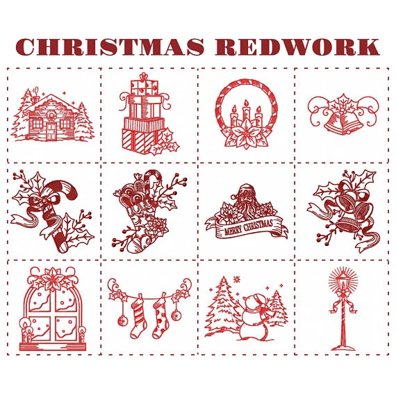 Christmas Redwork Collection of 12 Machine Embroidery Designs in Stitched