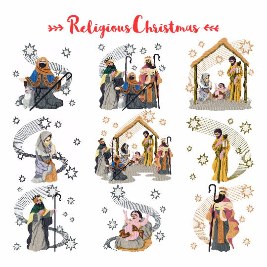 Religious Christmas Collection of 9 Machine Embroidery Designs in Stitched