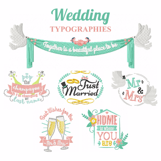Wedding Typography Collection of 7 Machine Embroidery Designs