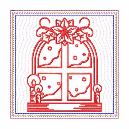 In The Hoop Machine Embroidery Mug Rug - Christmas Redwork Window Collection #12