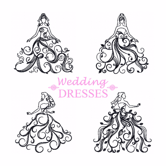 Wedding Dresses Collection of 4 Machine Embroidery Designs in Stitched