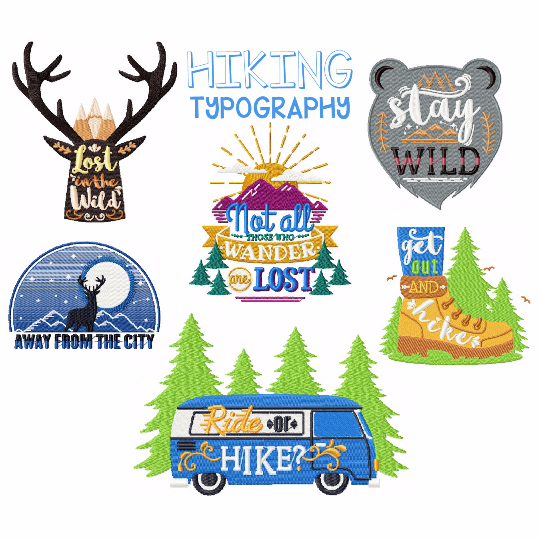Hiking Collection of 6 Machine Embroidery Designs in Stitched