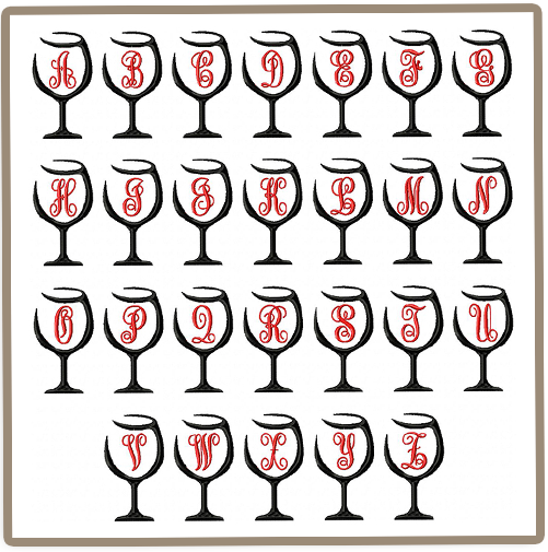 26 Wine Glasses Monogram Key Fobs - In The Hoop Machine Embroidery Designs - Instant Download!