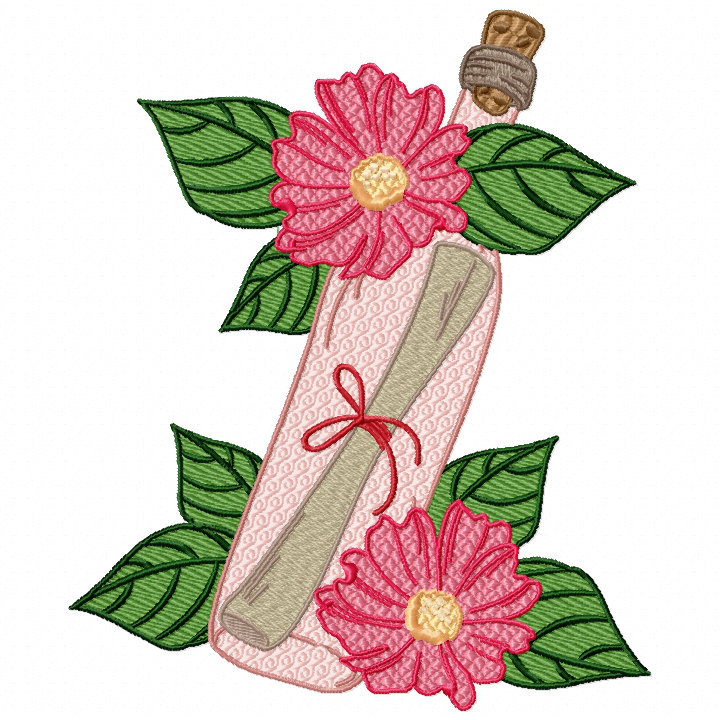 Pink Bottle Love Letter Machine Embroidery Design - Love Letter in a Bottle #06