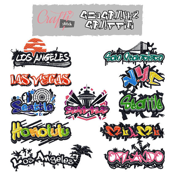 Geography Graffiti Collection of 11 Machine Embroidery Designs - Five Sizes: 3.5 to 5.5 inch - Instant Download!