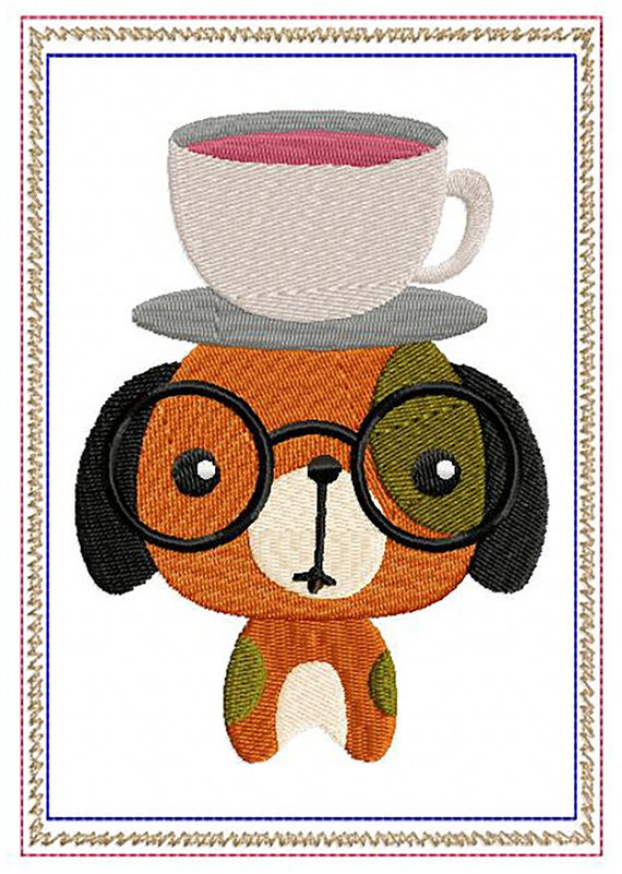 Cute Dog With Cup On Head Mug Rug In The Hoop Machine Embroidery Design
