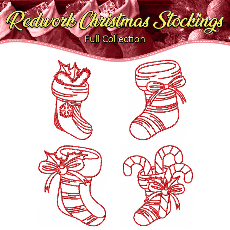 Redwork Christmas Stockings Collection of 4 Machine Embroidery Designs