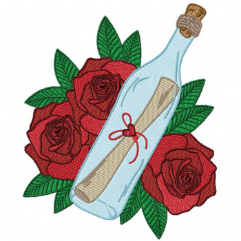 Red Rose Love Letter Machine Embroidery Design - Love Letter in a Bottle #01