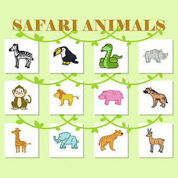 Safari Animals Collection of 12 Machine Embroidery Designs in Stitched and Applique