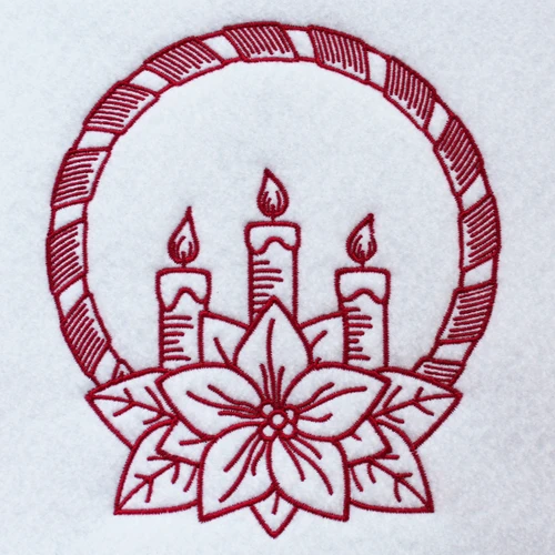 Christmas Candle Wreath - Christmas RedWork #02 Machine Embroidery Design