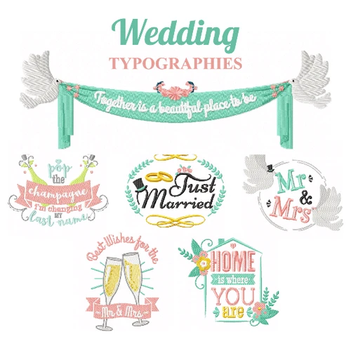 Wedding Typography Collection of 7 Machine Embroidery Designs