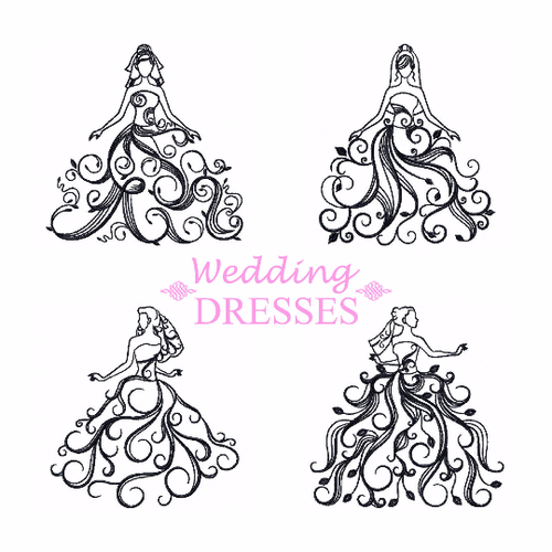 Wedding Dresses Collection of 4 Machine Embroidery Designs in Stitched