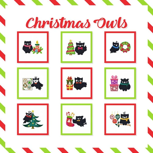 Christmas Owls Collection of 9 Machine Embroidery Designs in Stitched