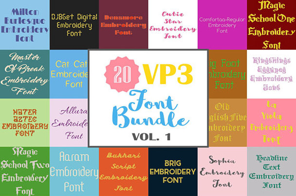 20 VP3 Font Bundle - Volume 1 - 20 Husqvarna Viking Machine Embroidery Fonts