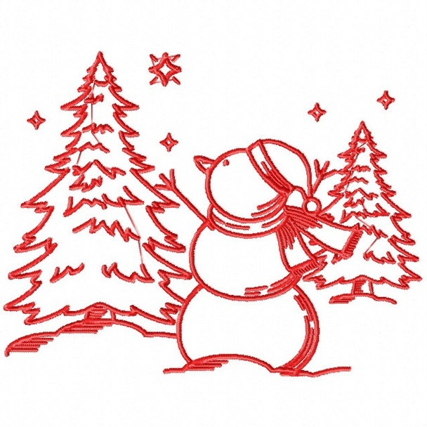 Christmas Snowman - Christmas Redwork #08 Machine Embroidery Design