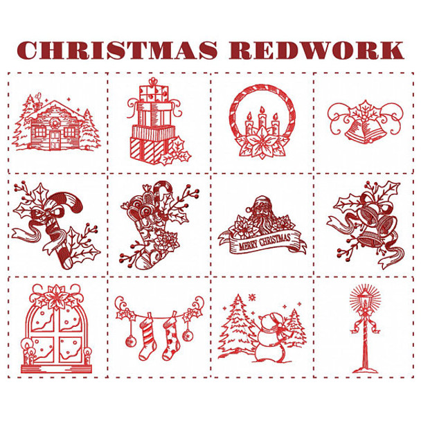 Christmas Redwork Collection of 12 Machine Embroidery Designs in Stitched