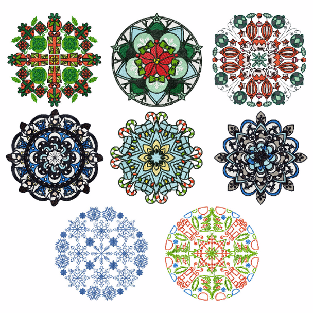 Christmas Mandalas Collection of 8 Machine Embroidery Designs in Stitched