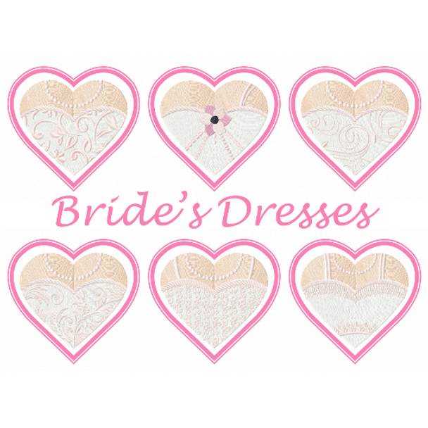 Machine Embroidery Designs - Bride & Groom Hearts - Bride Dress Collection of 6