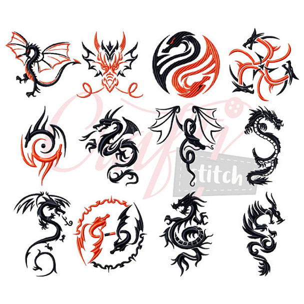 Tribal Dragon Collection of 12 Machine Embroidery Designs