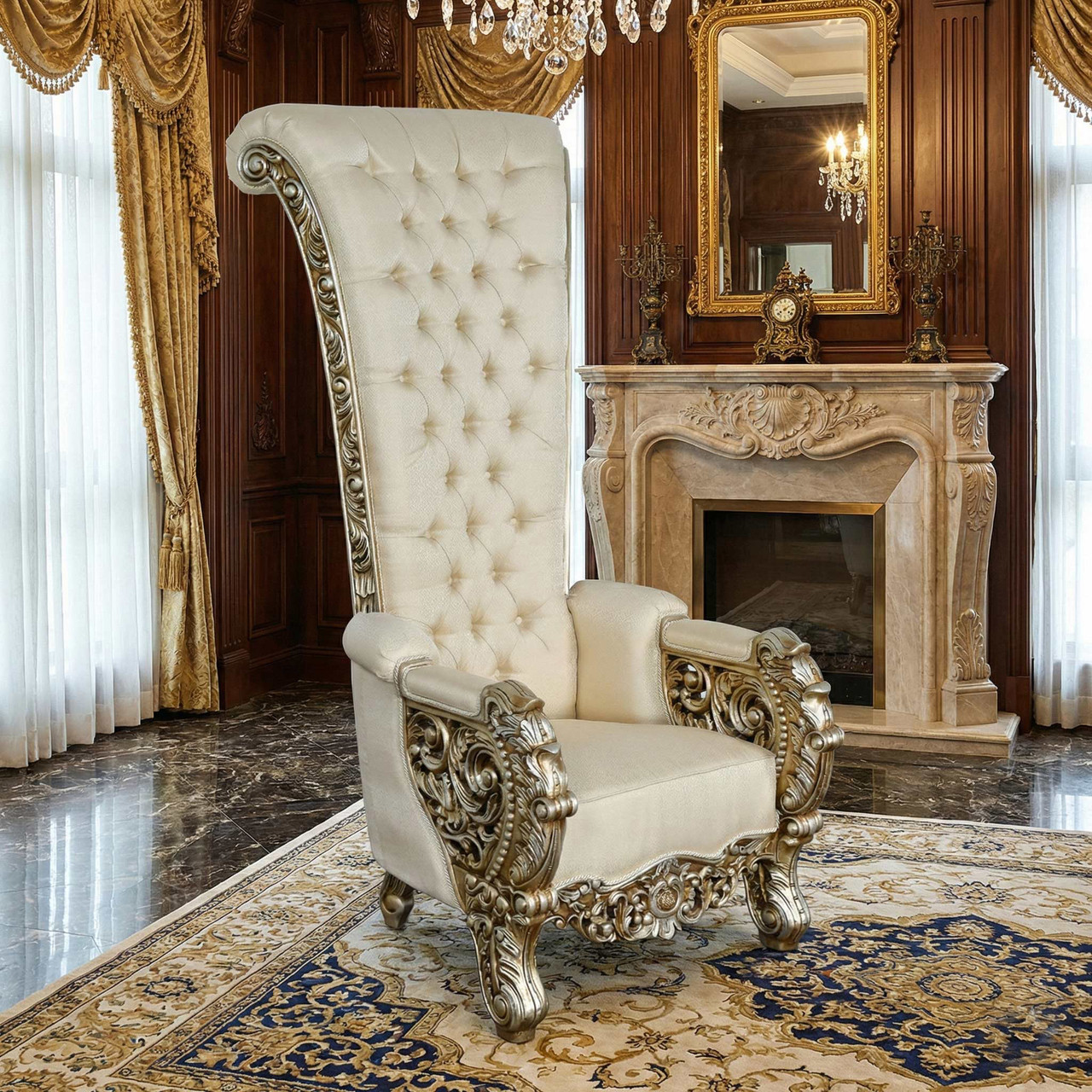 18世紀　バクタプール　キング＆クイーンスタイルのハイバックチェア Spectacular Palace Platine High Back Chair 74 Inches Grand - AFD Home