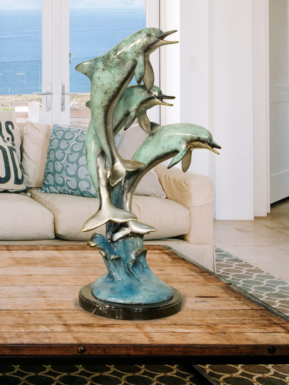 Three Jumping Dolphins on Marble Base - AFD Home