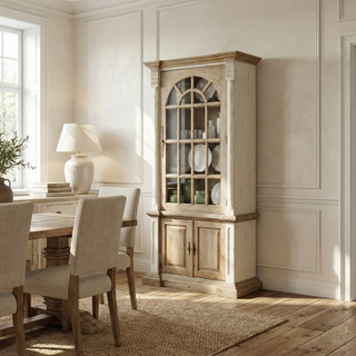 Farmhouse Tall Cabinet Hutch in White Chalk and Natural