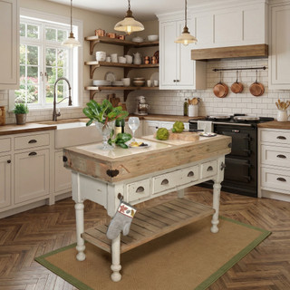 Marble Top 3 Drawer Kitchen Island In Chaulk White