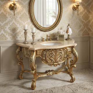 Platine Hand Carved Vanity  w Sink and Creama Marfil Marble
