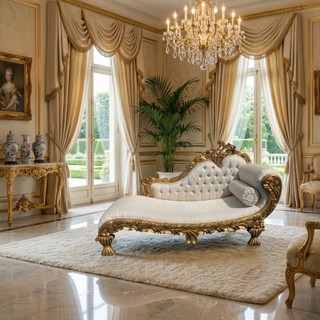 Gold Hand Carved Chaise with Cream Fabric
