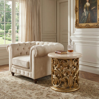 Platine Hand Carved Round Side Table w Creama Marfil Marble 24 Inches Tall