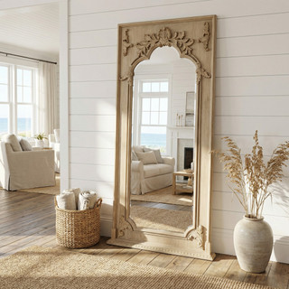 Grand Carved Mahogany Leaner Floor Mirror 46W x 94H