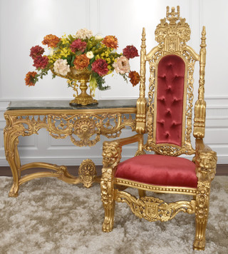 King Chair in Gold Leaf and Burgandy Velvet