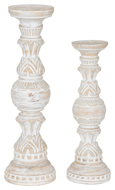 Carved Teak Coastal Table Top Pedestal Candleholder Set of 2