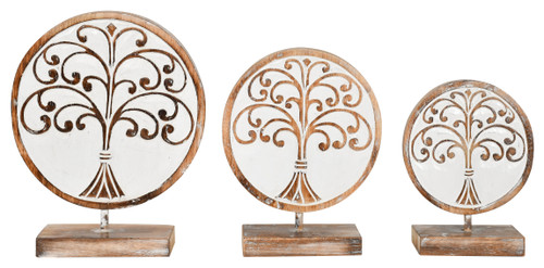 Carved Teak Tree of Life Decorative Medallions on Stand Set of 3