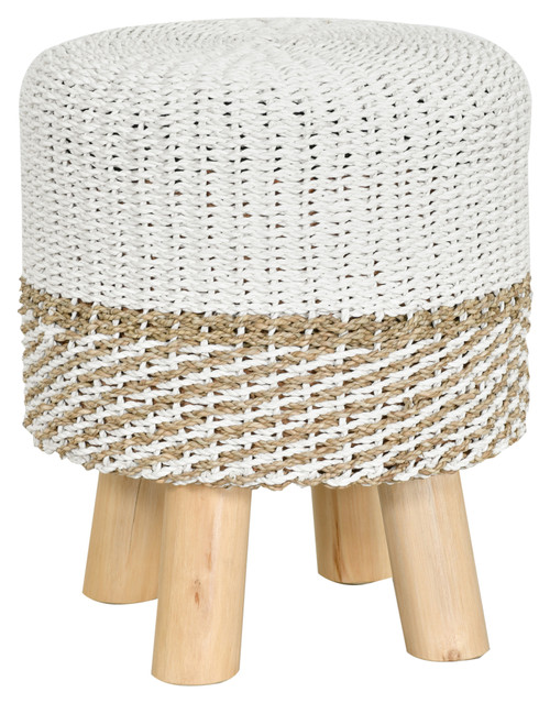 Seagrass Rattan Stool with Teak Legs-Beige/White 19H