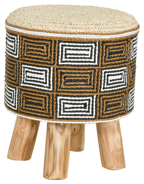 Seagrass Rattan Stool with Interlocked Squares and Teak Legs