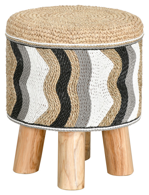 Seagrass Rattan Stool with Teak Legs Black and White