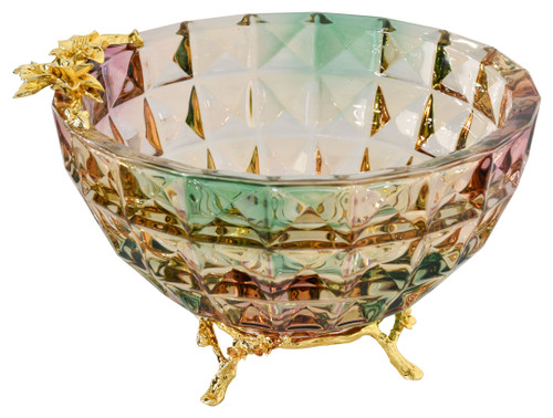 Multi Color Cut Glass Bowl With Gold Accent